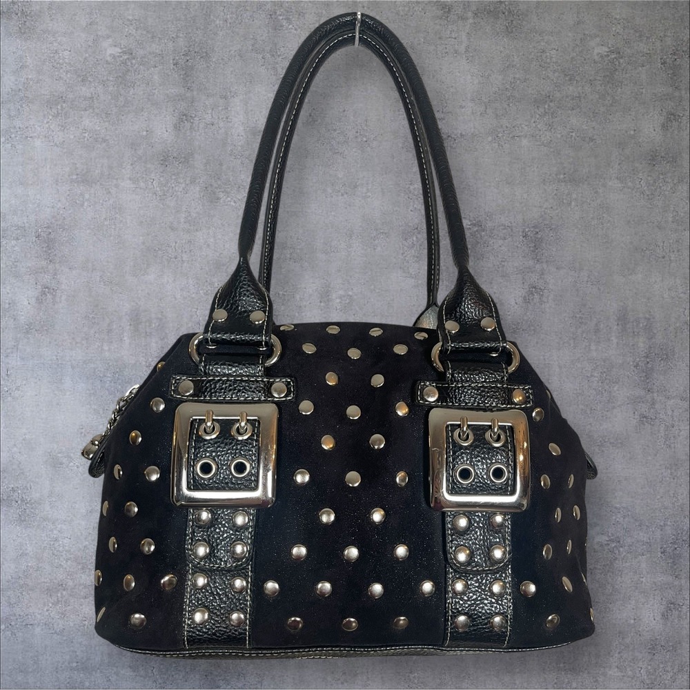 Kathy Van Zeeland Vintage Black Faux Suede Studded Shoulder Bag Y2K Glam Grunge